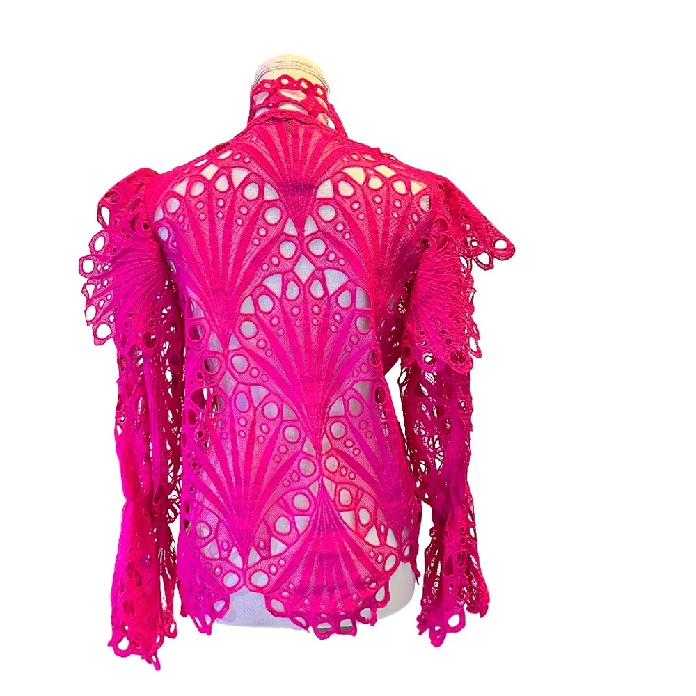 # A077 Nancy Vintage Fuchsia Lace Ruffle Blouse ,  New no tag , Size M